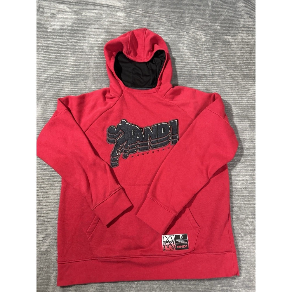 AND1 Hoodie‎ Sweatshirt Mens Sz L Red 3D Embroidered Pockets Basketball